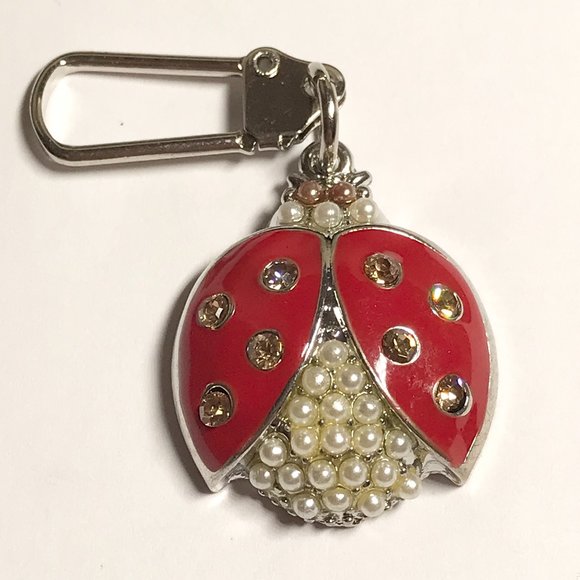 Red Ladybug Keychain Zipper Pull Purse Charm Backpack Pearl Crystal Enamel - Picture 3 of 9